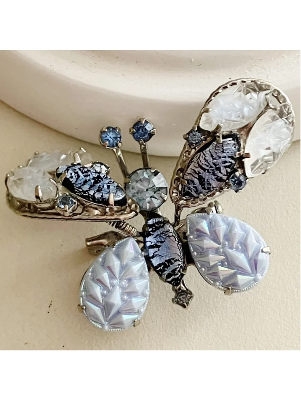 Vintage Butterfly Trembler Brooch Silver Filigree Foil Glass Stones Molded Art